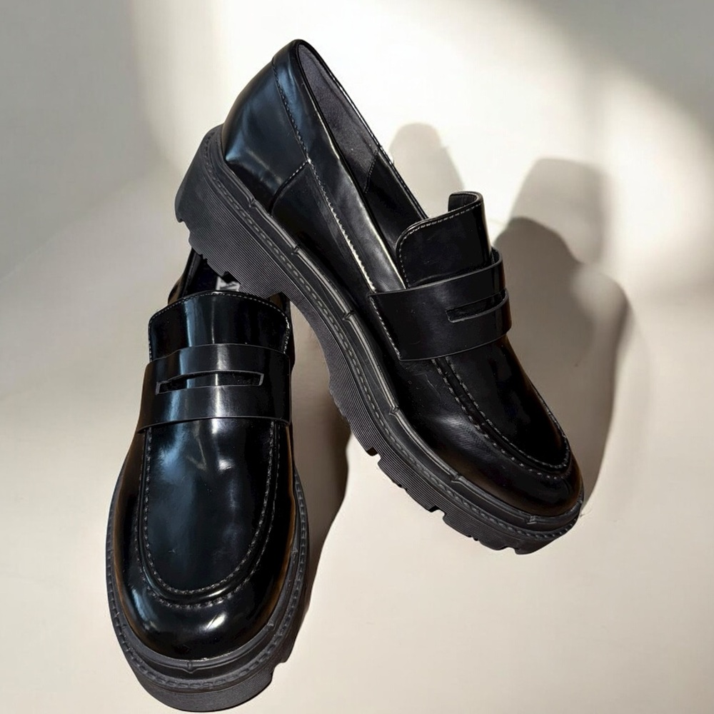 Zara Black Faux Leather Chunky Platform Loafers size 9